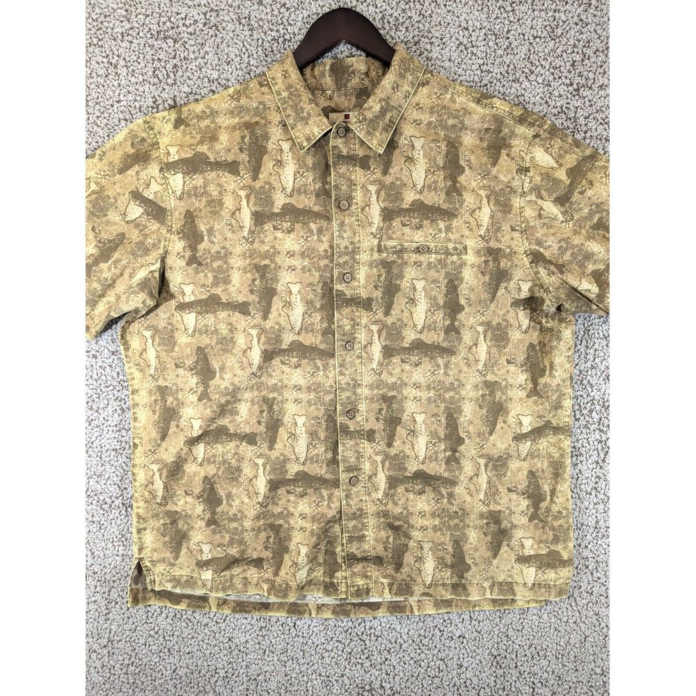 WOOLRICH Mens Fishing Short Sleeve Button Up Shirt Size XL Fish Print Outdoor
